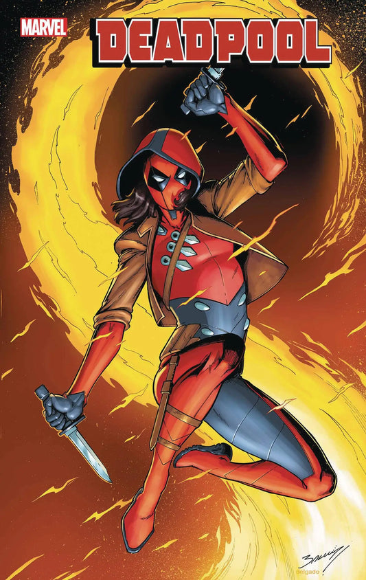 Deadpool #7 Mark Bagley Var comic cover with red-suited mercenary and fiery background