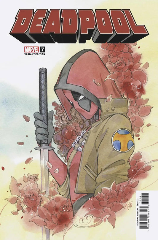 Deadpool #7 Peach Momoko Var comic cover with cherry blossoms and trading cards theme