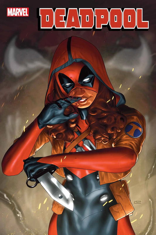 Deadpool in red suit holding weapons for DEADPOOL #8 trading card collectible