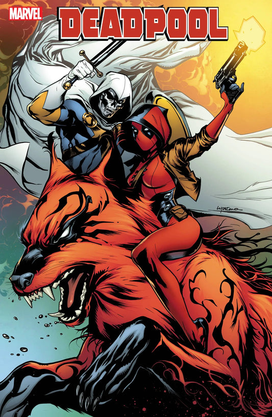 Deadpool comic cover featuring red-suited mercenary on giant orange tiger, Ema Lupacchino Var