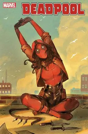 Deadpool stretches in his red costume for Jessica Fong Deadpool Var trading cards