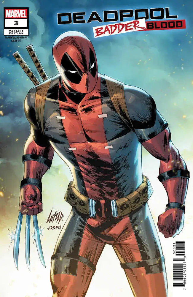 Deadpool comic cover art for Badder Blood 3 featuring red-suited mercenary and swords