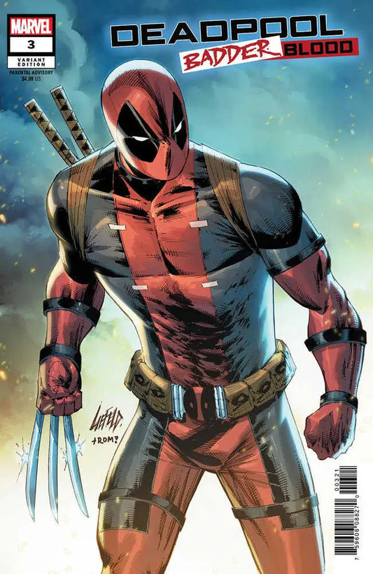 Deadpool comic cover art for Badder Blood 3 featuring red-suited mercenary and swords