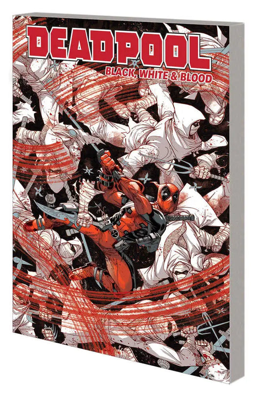 Deadpool Black White Blood TPB cover with vibrant red white patterns and trading cards elements