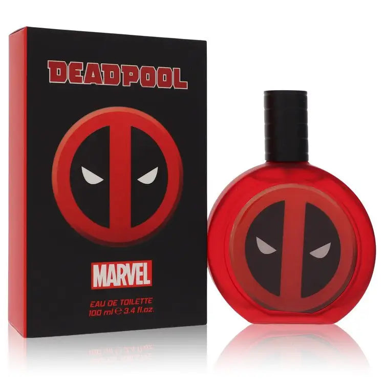 Red and black Deadpool-themed Marvel Eau de Toilette Spray 3.4 oz with spicy woodsy scent