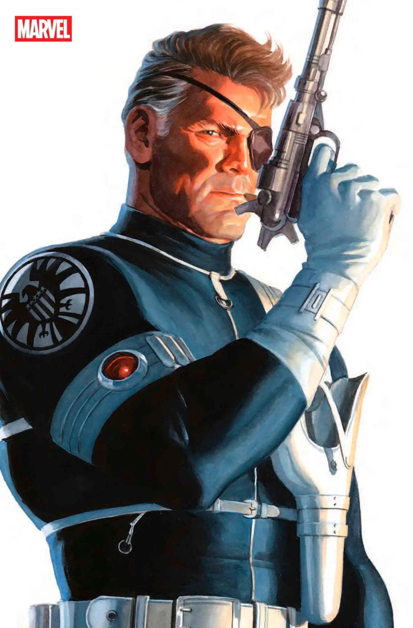 Nick Fury holding a gun in Deadpool Wolverine Alex Ross Timeless Full Art Variant
