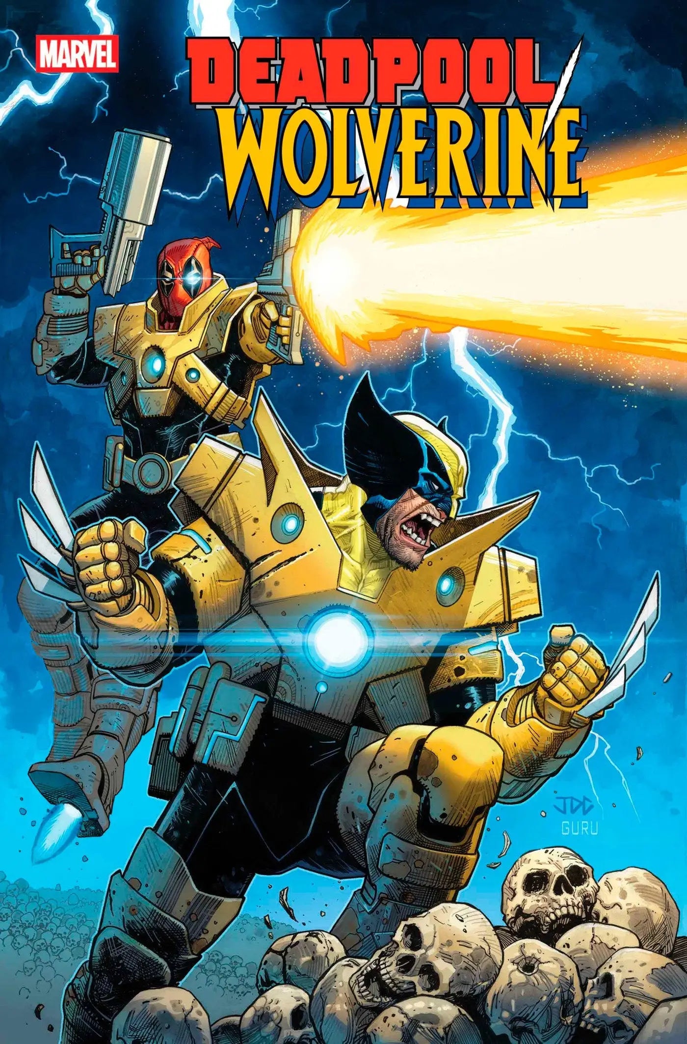 Comic book cover with Deadpool and Wolverine in armored suits for Deadpool/Wolverine #5
