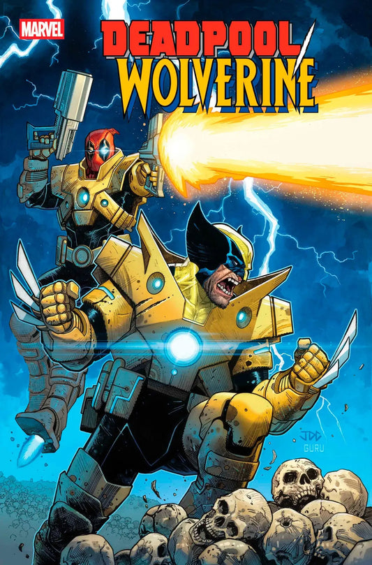 Comic book cover with Deadpool and Wolverine in armored suits for Deadpool/Wolverine #5