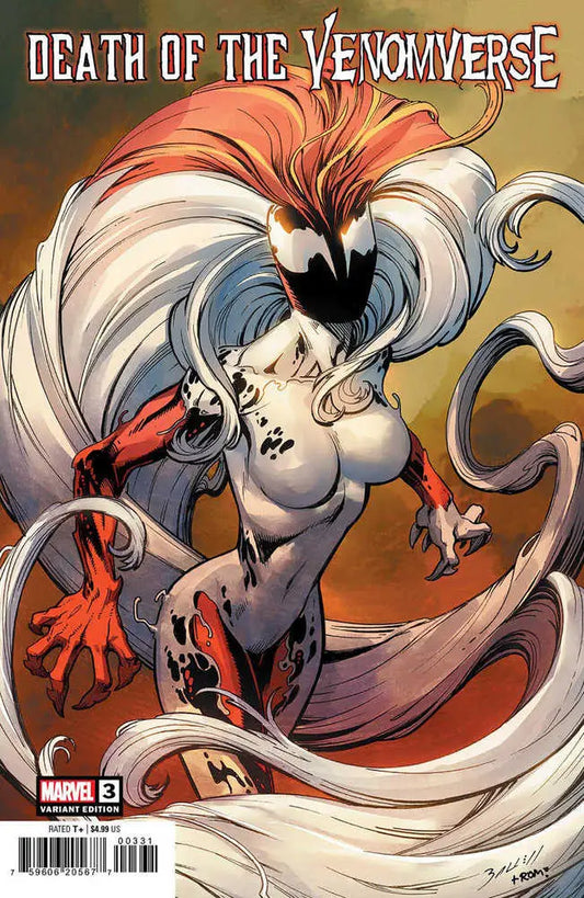Comic book cover of Death Of The Venomverse 3 with symbiote character and flowing hair