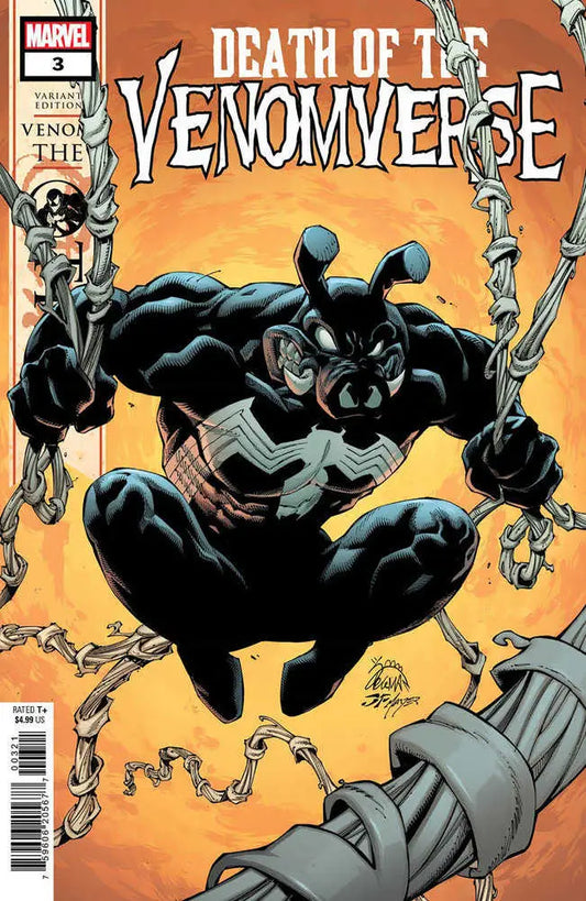 Muscular black symbiote character breaking free from chains in Death Of The Venomverse trading cards