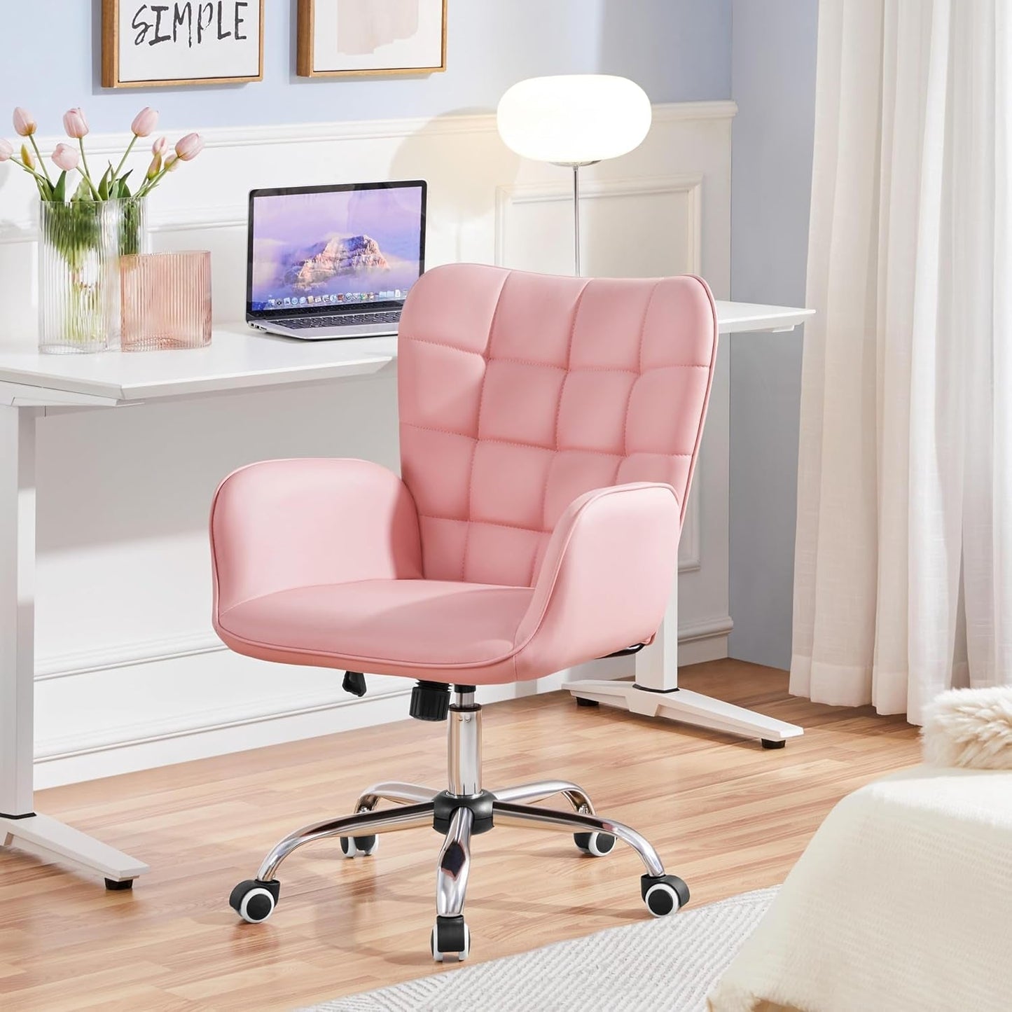 Faux Leather Office Chair Modern Vanity Chair Ergonomic Adjustable Makeup Chair with Padded Armrests Big Seat for Office, Study, Home, Pink-1