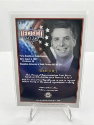 Tom Rice trading card from Decision 2022, a unique non-sport trading collectible