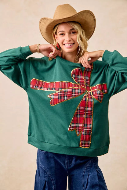 BiBi Plaid Ribbon Bow Detail Christmas Fleece Pullover