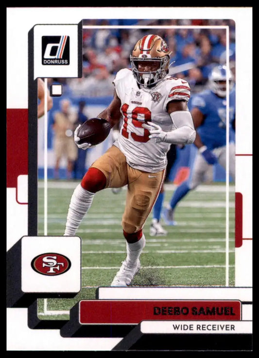 Deebo Samuel football card from 2022 Donruss series featuring San Francisco 49ers player