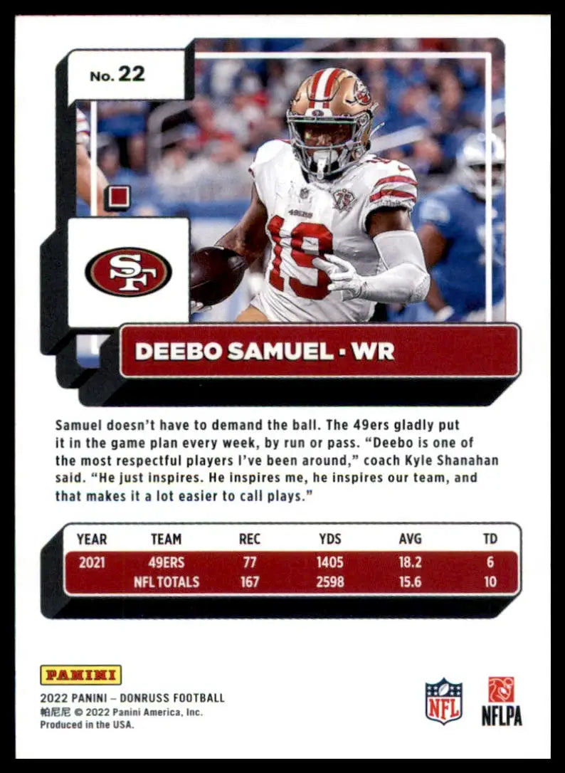 Deebo Samuel 2022 Donruss football card featuring San Francisco 49ers star player