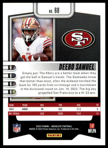 Deebo Samuel football card from Panini Absolute 2023 San Francisco 49ers product