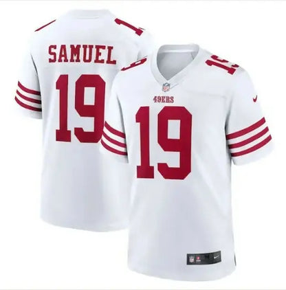 White San Francisco 49ers Deebo Samuel Nike Game Jersey with red lettering and number 19