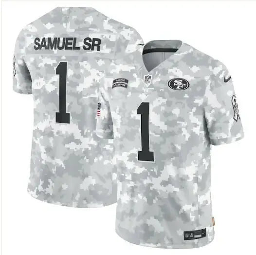 San Francisco 49ers Salute to Service jersey with gray camouflage pattern for Deebo Samuel