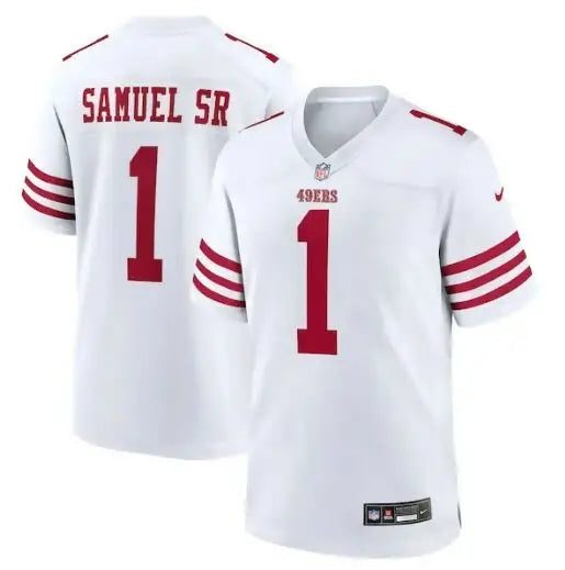 White NFL football jersey with red numbers and lettering for Deebo Samuel Sr San Francisco 49ers Nike Game Player Jersey