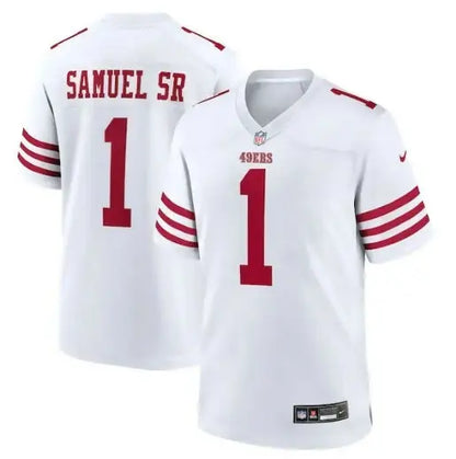 White NFL football jersey with red numbers and lettering for Deebo Samuel Sr San Francisco 49ers Nike Game Player Jersey
