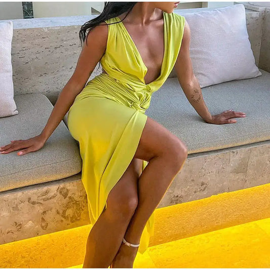 Vibrant lime green deep V neck midi dress with high slit and ruched waist detail