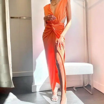 Orange maxi dress with deep V neck, side cutouts, twisted knot, high slit, stylish midi dress