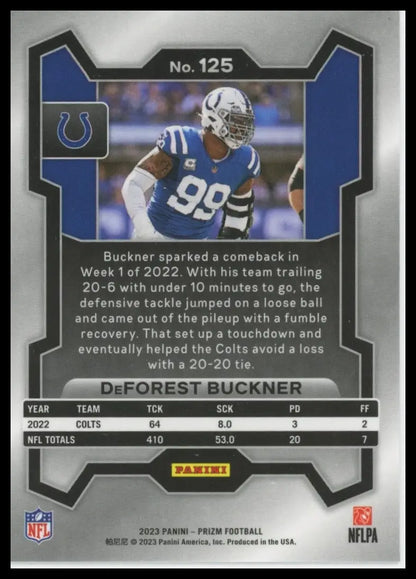 DeForest Buckner 2023 Panini Prizm football card featuring 2022 season stats