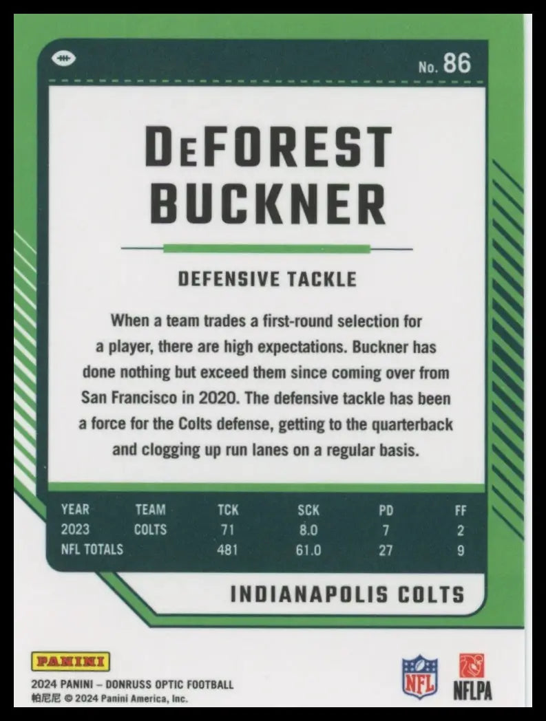 Back of a DeForest Buckner 2024 Donruss Optic card featuring Indianapolis Colts player