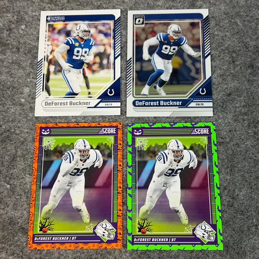 Four collectible DeForest Buckner Indianapolis Colts football cards from the 2024 NFL Panini series