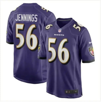 Purple Baltimore Ravens football jersey featuring Deion Jennings Nike Team Game design