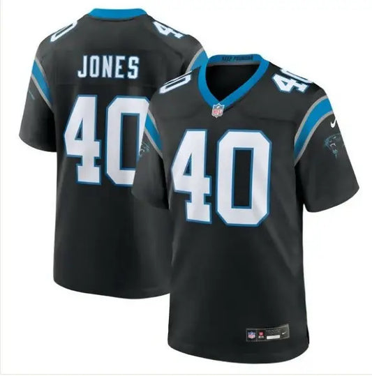 Black Carolina Panthers Deion Jones NFL jersey with number 40 and JONES on the back