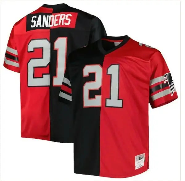 A red and black split-design football jersey with the number 21 on the front and back, and ’SANDERS’ on the back.