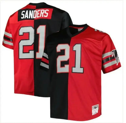 A red and black split-design football jersey with the number 21 on the front and back, and ’SANDERS’ on the back.