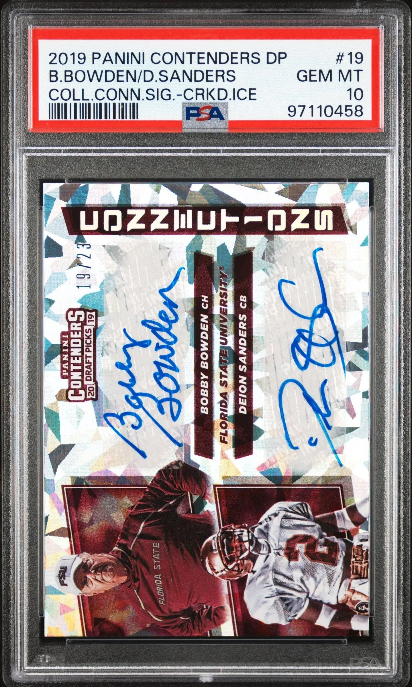 PSA graded Deion Sanders Bobby Bowden 2019 Contenders Draft Cracked Ice Auto #19/23