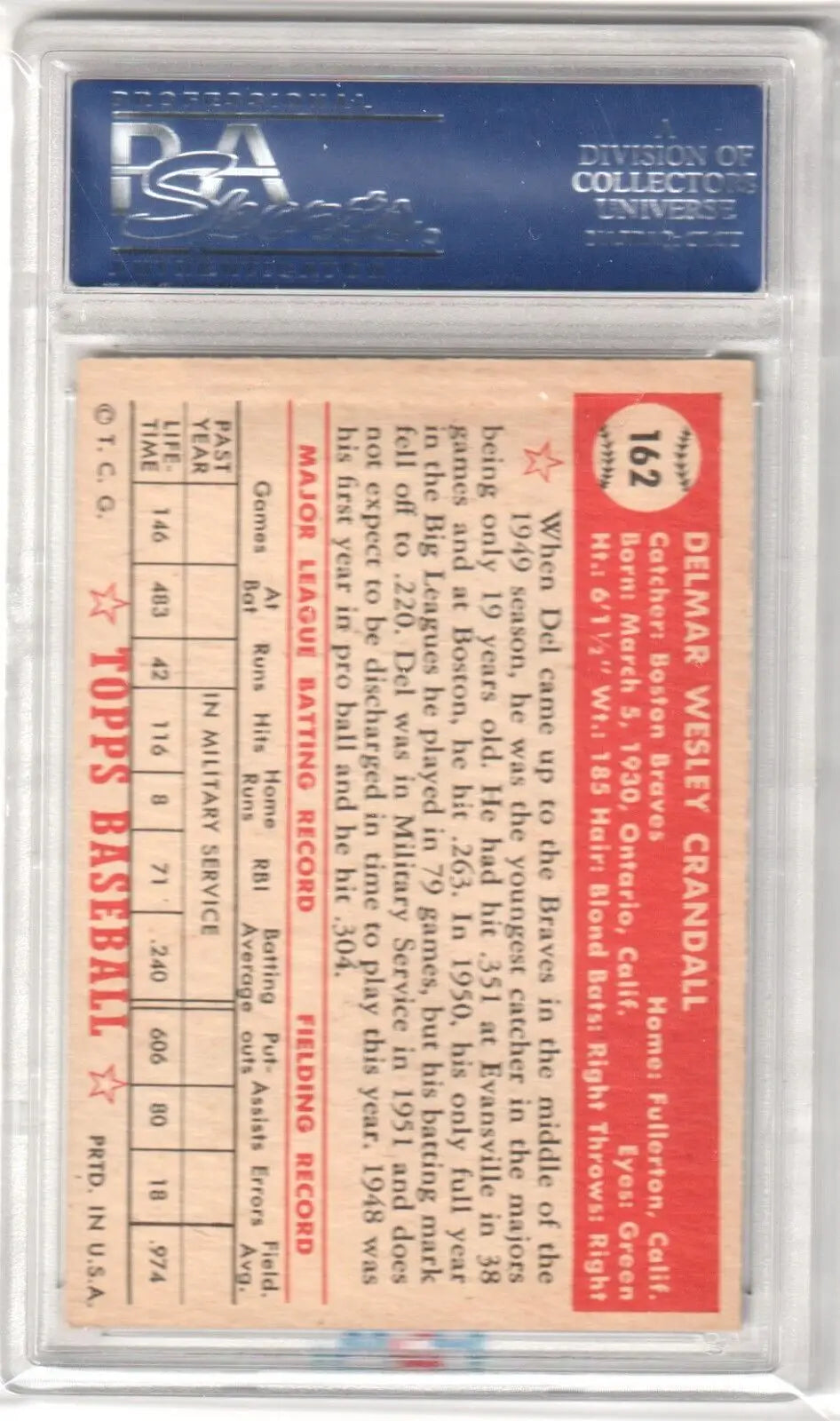 Graded vintage Del Crandall 1952 Topps baseball card from Columbia Hobby, sought after for ESPn magazine covers