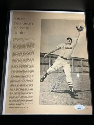 Framed Del Ennis signed SPORT Magazine page featuring Phillies, Cardinals, Reds, White Sox