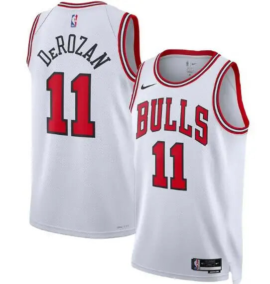 White Chicago Bulls DeMar DeRozan Swingman Jersey with red trim and number 11