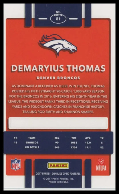 Red and blue Demaryius Thomas football trading card from Donruss Optic series
