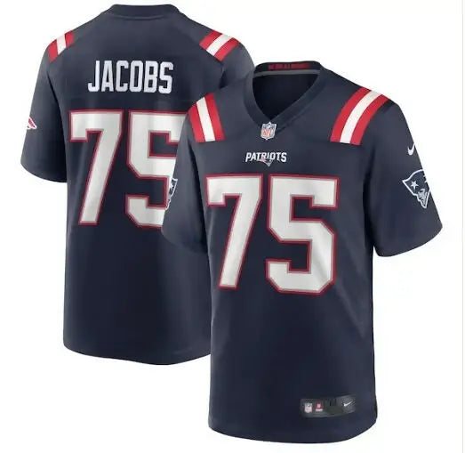 Dark blue Demontrey Jacobs New England Patriots Nike game jersey with number 75