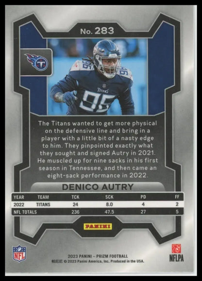 Panini Prizm football card of Denico Autry 2023 Tennessee Titans product