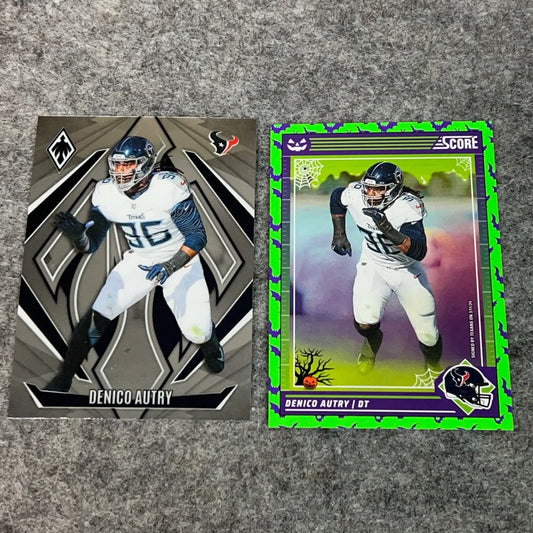 Two Denico Autry Houston Texans football trading cards from the 2024 Panini NFL collection