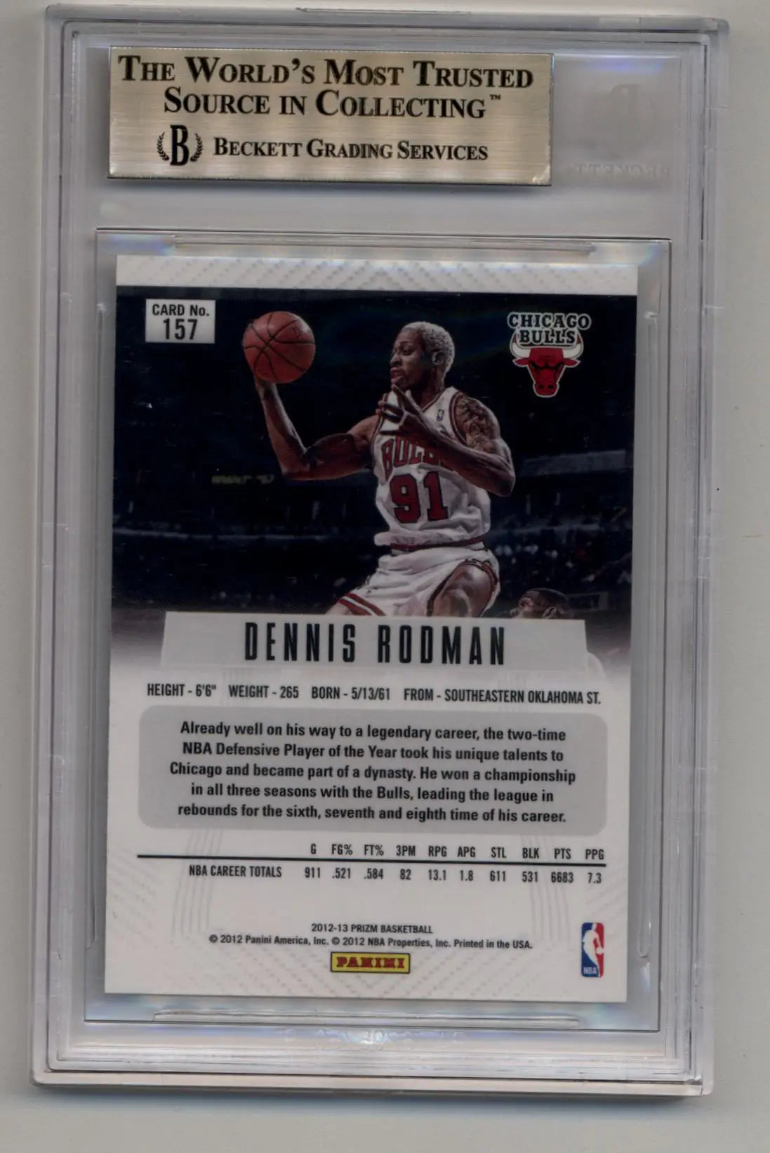 Dennis Rodman 2012-13 Prizm Prizms #157 trading card in protective case showing shot