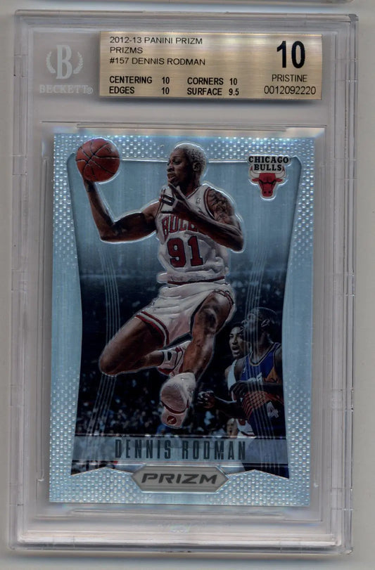 Graded trading card of Dennis Rodman in white jersey 91 performing a dunk, Prizm Prizms