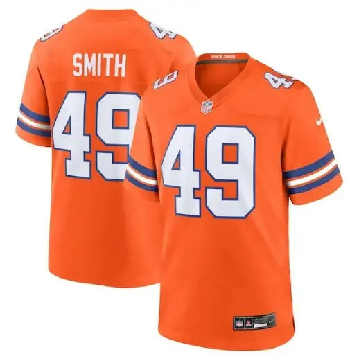Orange Denver Broncos Dennis Smith football jersey with number 49 and blue-white striped sleeves