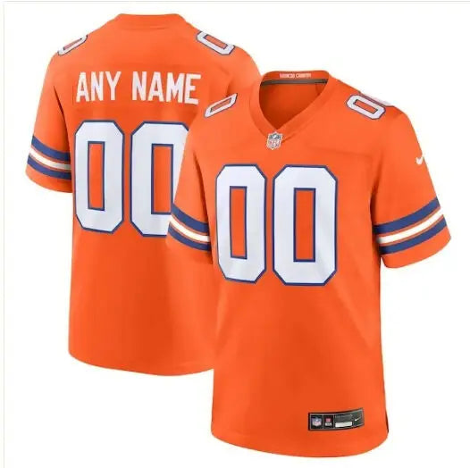 Orange custom Denver Broncos football jerseys with white numbers and striped sleeves