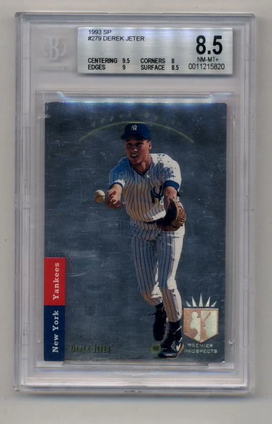 Graded Derek Jeter 1993 SP #279 baseball card in a protective case Minnesota Twins display