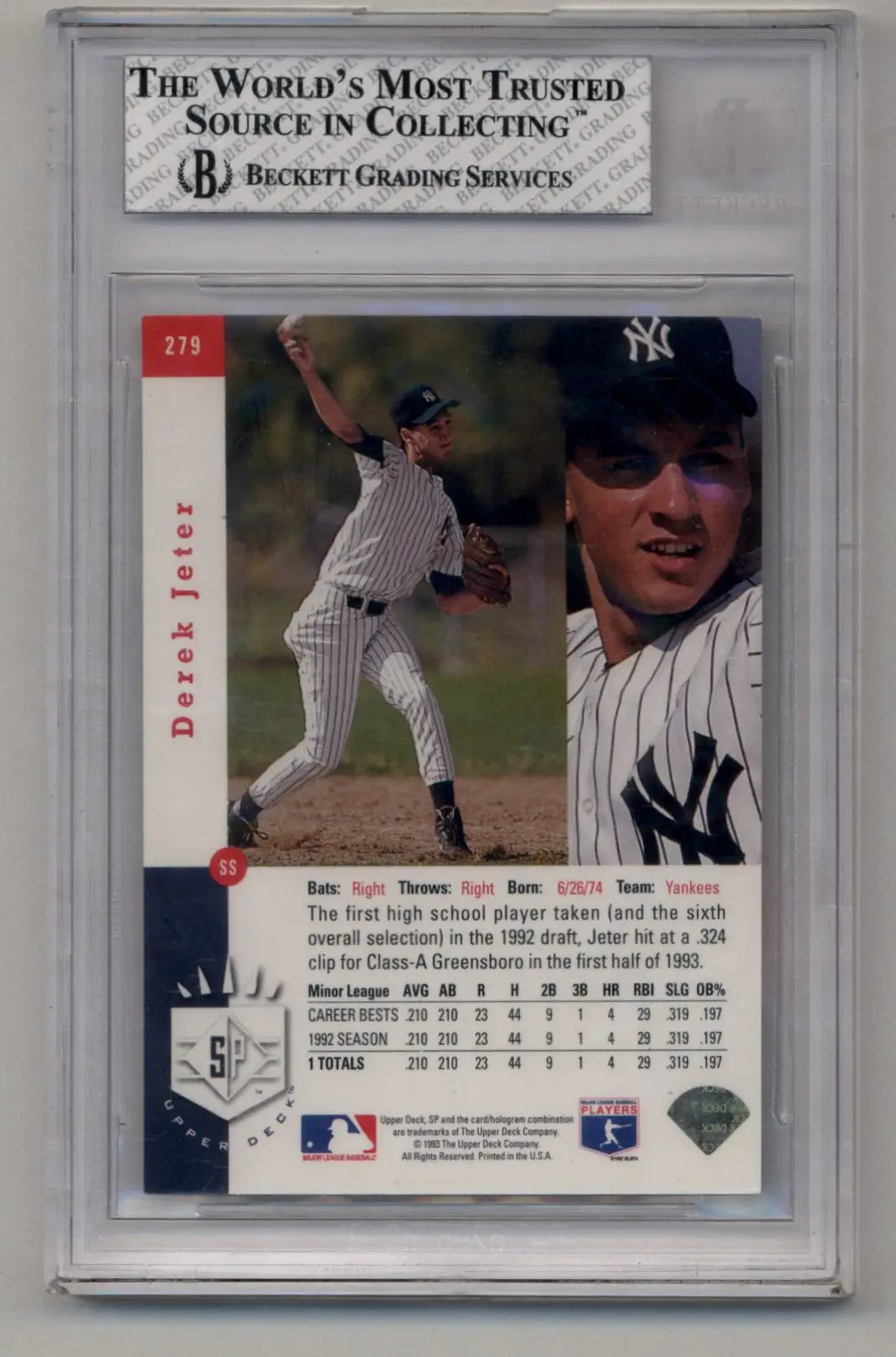 Derek Jeter 1993 SP Rookie trading card in protective grading case, BGS 8 Near Mint Mint