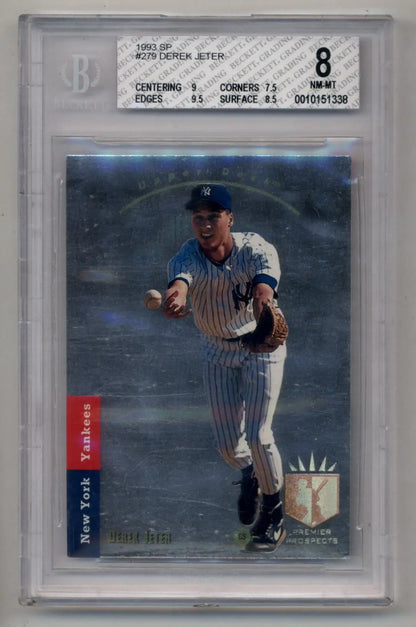 Derek Jeter 1993 SP Rookie trading card in a protective case, graded BGS 8 Mint Mint