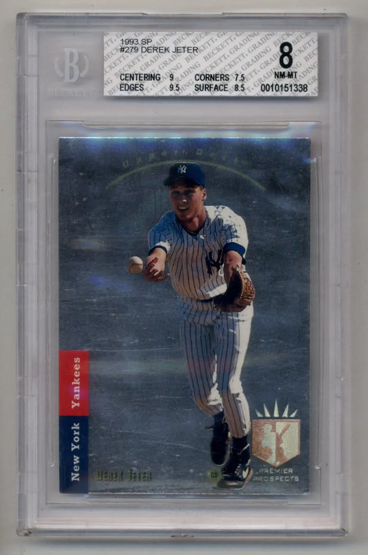 Derek Jeter 1993 SP Rookie trading card in a protective case, graded BGS 8 Mint Mint
