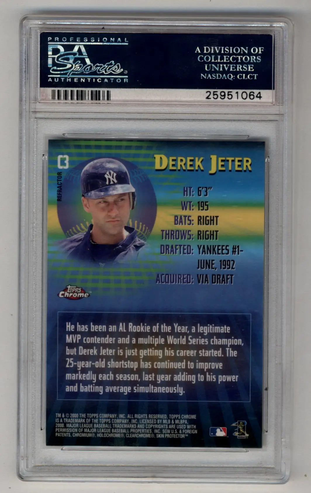 Encased Derek Jeter baseball card from Topps Chrome 21st Century Refractor PSA 10